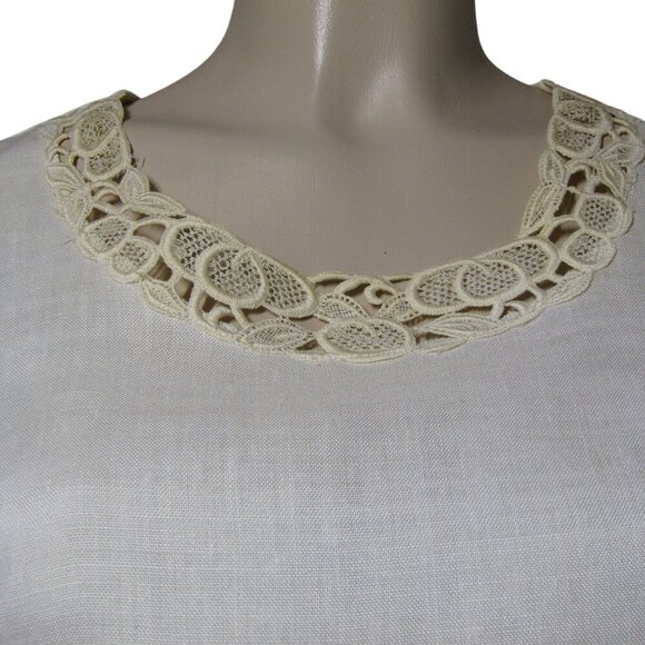 VTG 50s LINEN Blend Beige Lace Cutwork Crop Blouse Demure Mad Men Fairy Mod M - Picture 2 of 6